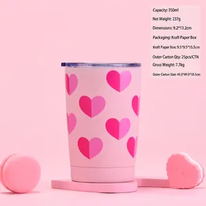Mug à café isotherme rose 350ml avec motif cœur et dimensions de 9,2x13,2cm détails