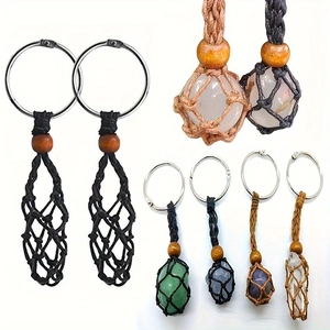 Porte-clés Filet Tissé À La Main Pochette Pour Cristal Avec Anneau En Alliage De Zinc Et Perle En Bois Style Bohème
