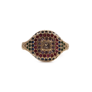Hip hop style gold ring with multi-colored crystals and a square center diamond