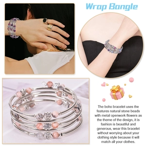 Bracelet wrap bohème multicouche avec pierres naturelles roses et breloques roses