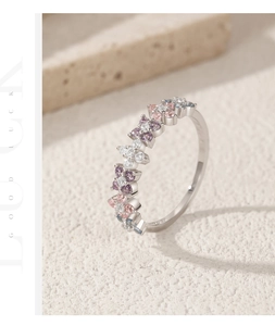 Detail view of S925 silver ring featuring gradient colorful floral gemstones