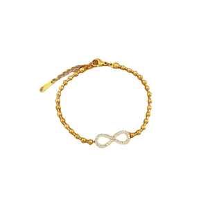 Gold stainless steel beaded bracelet with a diamond-paved infinity charm for women