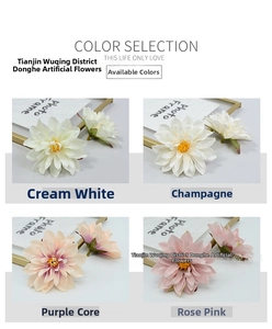 Detail view of artificial dahlia heads in white, champagne, purple, and bean paste pink