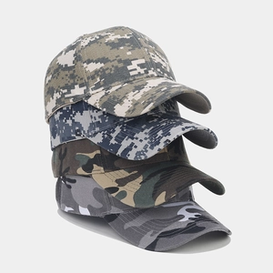 Detail showing four assorted camouflage patterns of cotton baseball caps stacked vertically