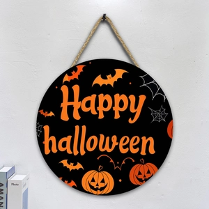 Halloween Wood Hanging Sign Round Plaque Ghost Spider Web Door Decor Wall Art Home Atmosphere Prop