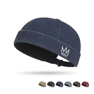 Vintage Washed Cotton Docker Hat Brimless Cap Crown Embroidery Adjustable Retro Hip Hop Streetwear Sailor Skullcap