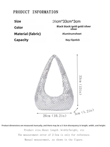 Detailed size chart for silver aluminum sequin hobo bag showing 26x33cm dimensions