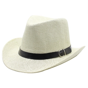 Breathable cream straw cowboy hat with black leather band and metal buckle for summer