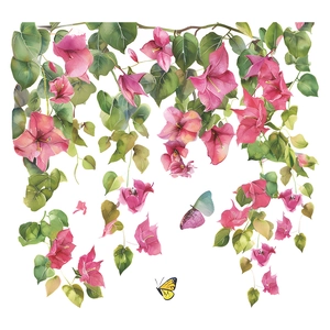 Detailed watercolor pink bougainvillea flowers and green leaves with butterflies wall sticker