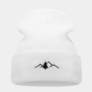 White knit beanie with mountain embroidery, warm outdoor winter hat for men and women