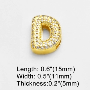 Macro shot of gold-plated letter D pendant with cubic zirconia pavé setting and dimensions