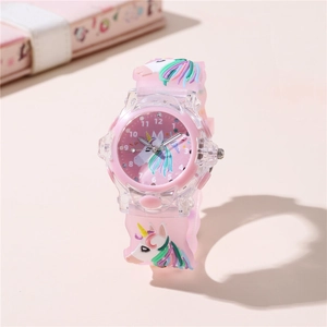 Detailed view of pink quartz watch with unicorn strap and clear numeral dial for kids