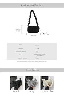 Detailed size chart for quilted pleated crossbody bag showing 22x15x5cm dimensions