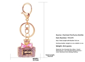 Detailansicht Parfümflaschen-Schlüsselanhänger mit rosa Strass und Zinklegierung