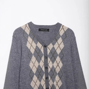 Classic dark grey V-neck argyle knit cardigan with button-down front and diamond pattern