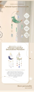 Detail of handmade suncatcher with crescent moon metal frame and natural crystal stones