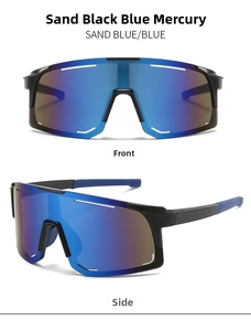 Front and side view of sand black cycling sunglasses with blue mirrored lens