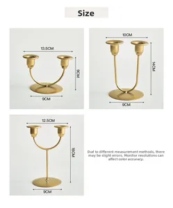 Size chart showing three gold Nordic iron candle holder styles with specific dimensions