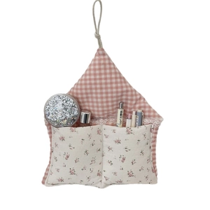Pink checkered wall hanging storage bag with pockets for dormitory organization