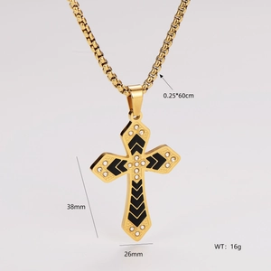 Detail view of a 18k gold cross pendant with black enamel, white crystals and size dimensions