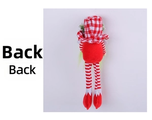 Back view of a Christmas gnome doll with long striped legs and a red plaid hat