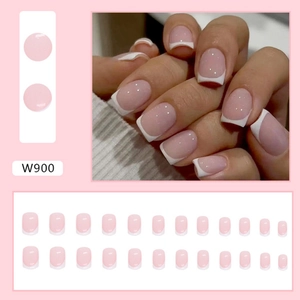 Sweet pink and white French press-on nails set in short square shape model W900