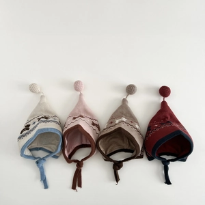 Knitted baby earflap hats with jacquard puppy design and warm pom-poms in four colors