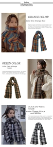 Close-up of thick plaid scarf texture with long tassels in orange-blue and retro green