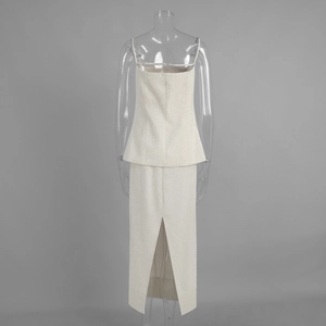 Detail view of cotton linen midi skirt with back slit and cropped button vest set