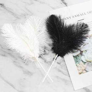 Elegant natural ostrich feathers with ribbon bows for cake decoration on marble background