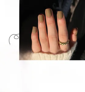 Matte khaki press-on nails in various sizes with a minimalist square shape design