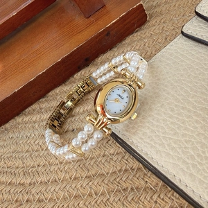 Vintage Women Quartz Watch Alloy Oval Case Double Row Faux Artificial Pearl Strap Elegant Romantic Jewelry Clasp Accessory