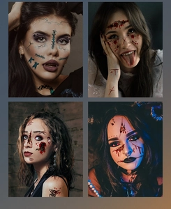 Realistic Halloween scar tattoos including stitches and blood for dramatic makeup look
