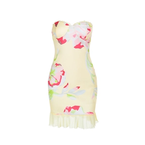 Robe courte moulante bustier à imprimé fleuri avec ourlet à volants en maille jaune