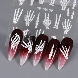 Detailed 5D embossed white skeleton hand stickers on gradient stiletto nails for Halloween