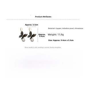 Detailed specs of mesh butterfly pearl earrings with dimensions and copper material info
