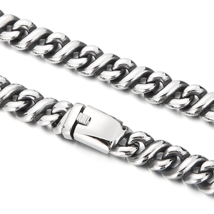 Silver cuban link titanium steel necklace with secure box clasp on white background
