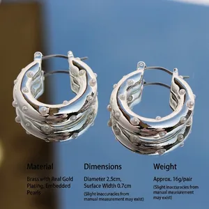 Brass Artificial Pearl Hoop Earrings Polished Gold Silver Plated Geometric Round Elegant Statement Fashion Jewelry For Women