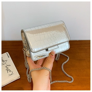 Detail shot of silver faux crocodile leather texture and metallic chain on mini crossbody bag