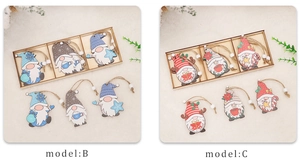 Detailed view of model B and C painted wooden Christmas gnome ornaments with wooden beads