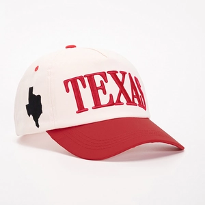 Retro Texas baseball cap with red embroidery and state map on white cotton crown