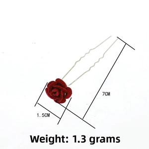 Detailed view of a red velvet rose U-shaped hair pin with 7cm length and 1.5cm width