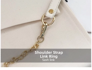 Detailed close-up of golden metal D-rings and chain on a beige fabric crossbody bag