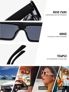 Detail of square sunglasses showing reinforced metal hinges and ergonomic temples