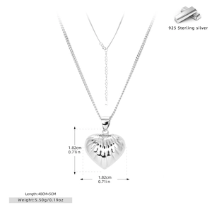 Detailed technical diagram of heart pendant necklace with dimensions and 925 silver stamp