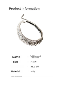 Detailed close-up of a wide silver rhinestone choker with size and weight dimensions