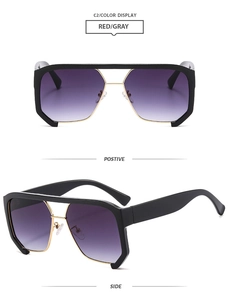 Détails de la monture noire avec verres dégradés violets et branches en métal doré