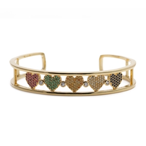 Minimalist gold open cuff bracelet with five colorful heart-shaped zirconia stones