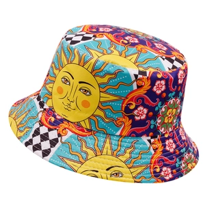 Close-up of colorful graffiti patterns featuring sunflower motifs on the bucket hat