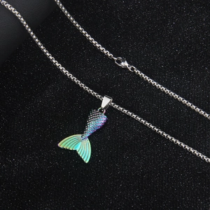 Rainbow gradient fishtail pendant necklace with scale texture on silver box chain